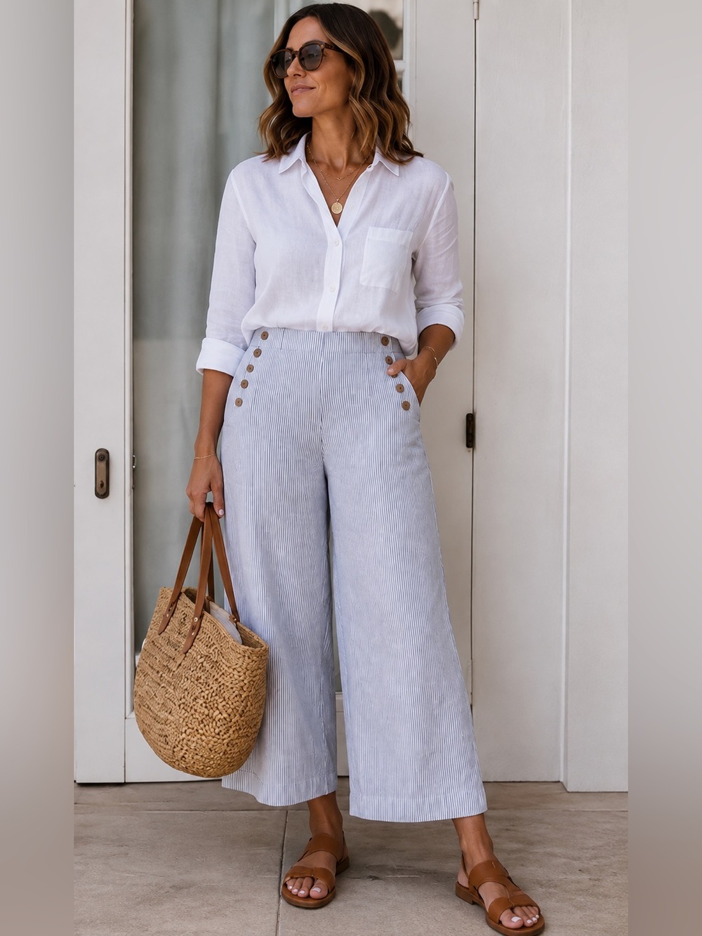 J.Jill Love Linen Wide Leg Crop Pants XL Tall Blue Stripe 100% Linen